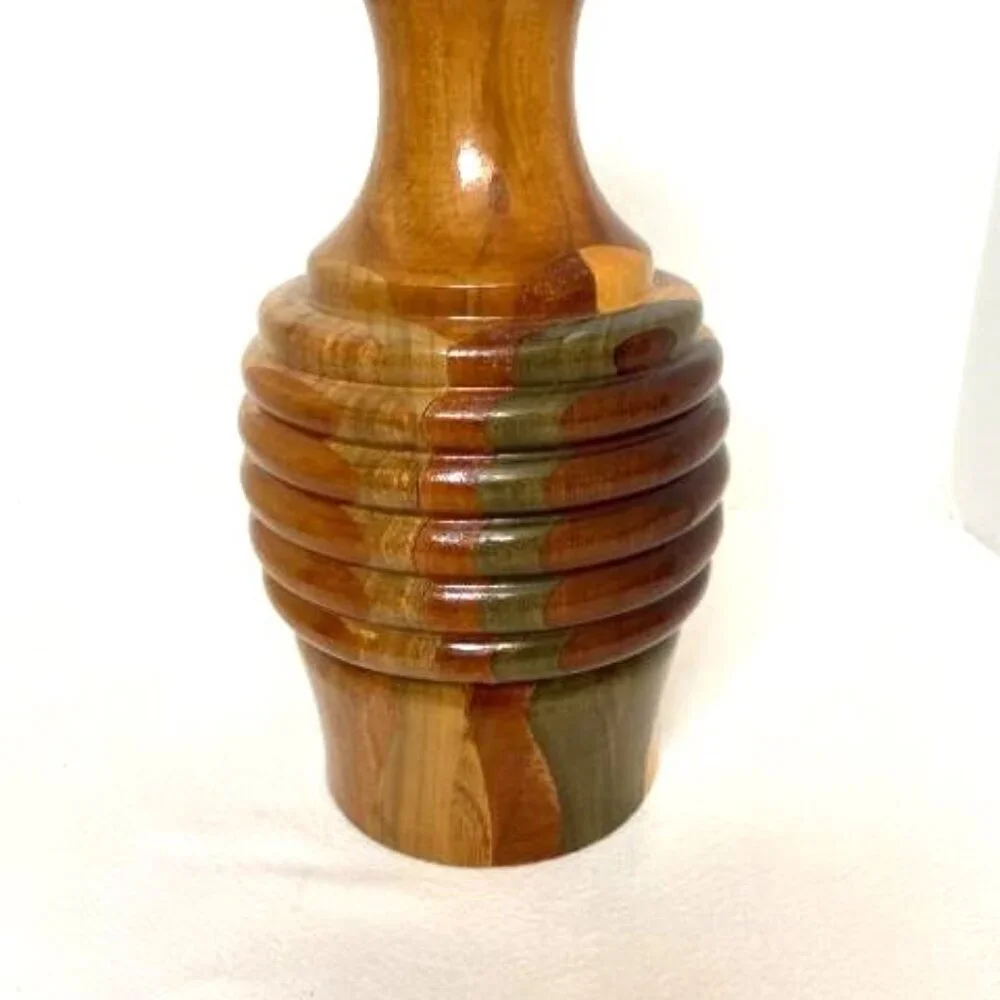 Wood Vase Handcrafted Jamaica Segmented Browns‎ Greens Neutral Signed 2006 10